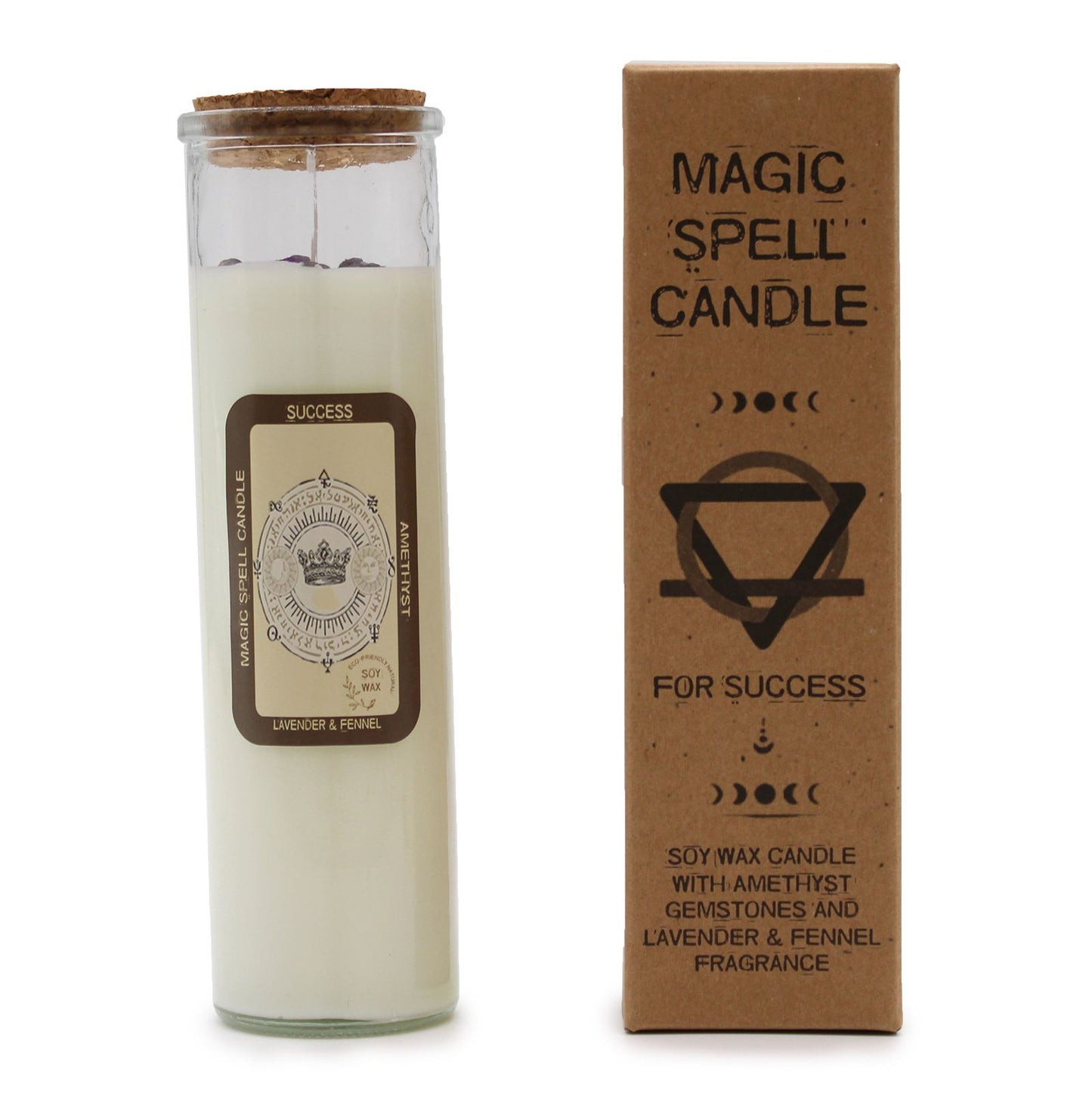 Ritualkerze Success mit Amethyst und Lavendel-Fenchel-Duft in einem Glasbehälter.