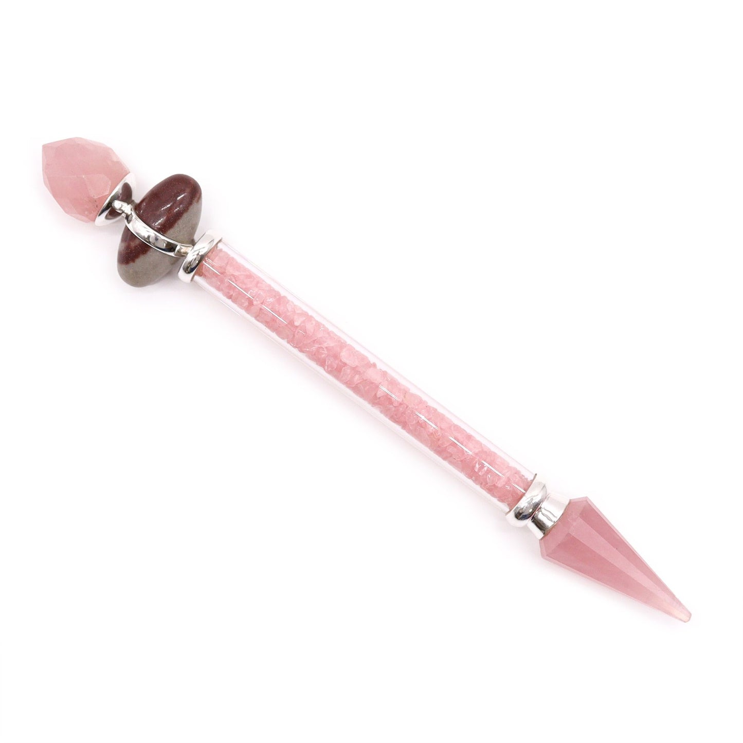 A rose quartz magic wand with a pointed tip and a faceted end.