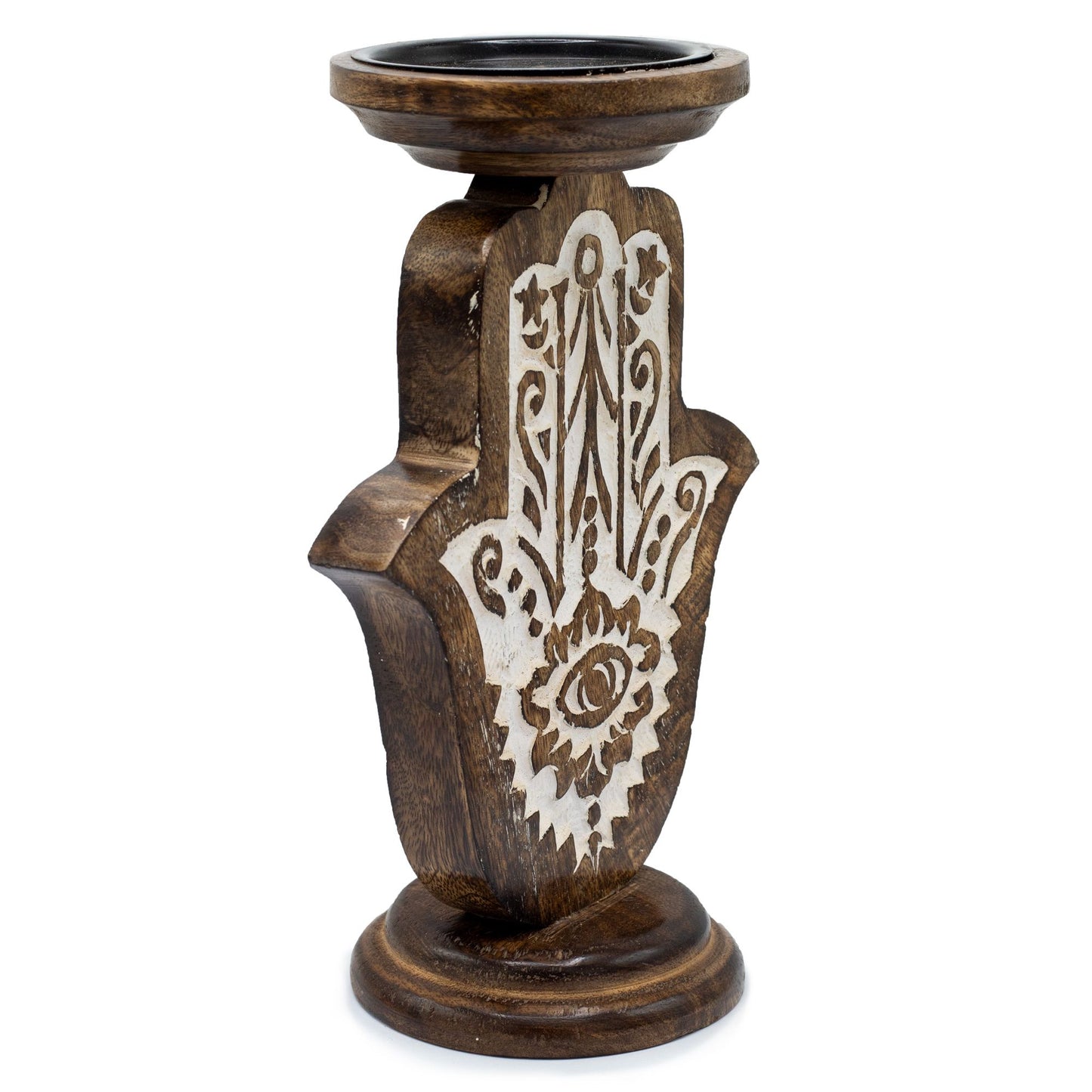 Mango wood Hamsa hand candle stand with intricate white carving.