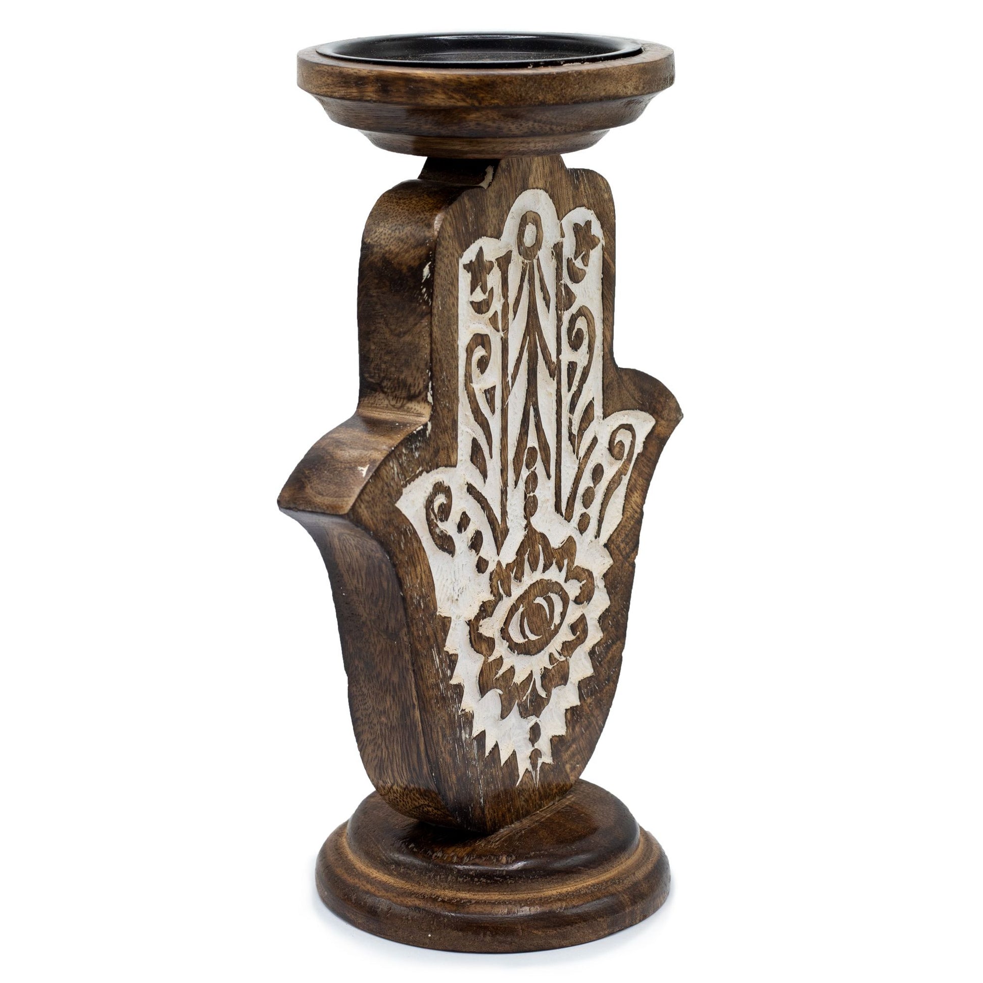Mango wood Hamsa hand candle stand with intricate white carving.