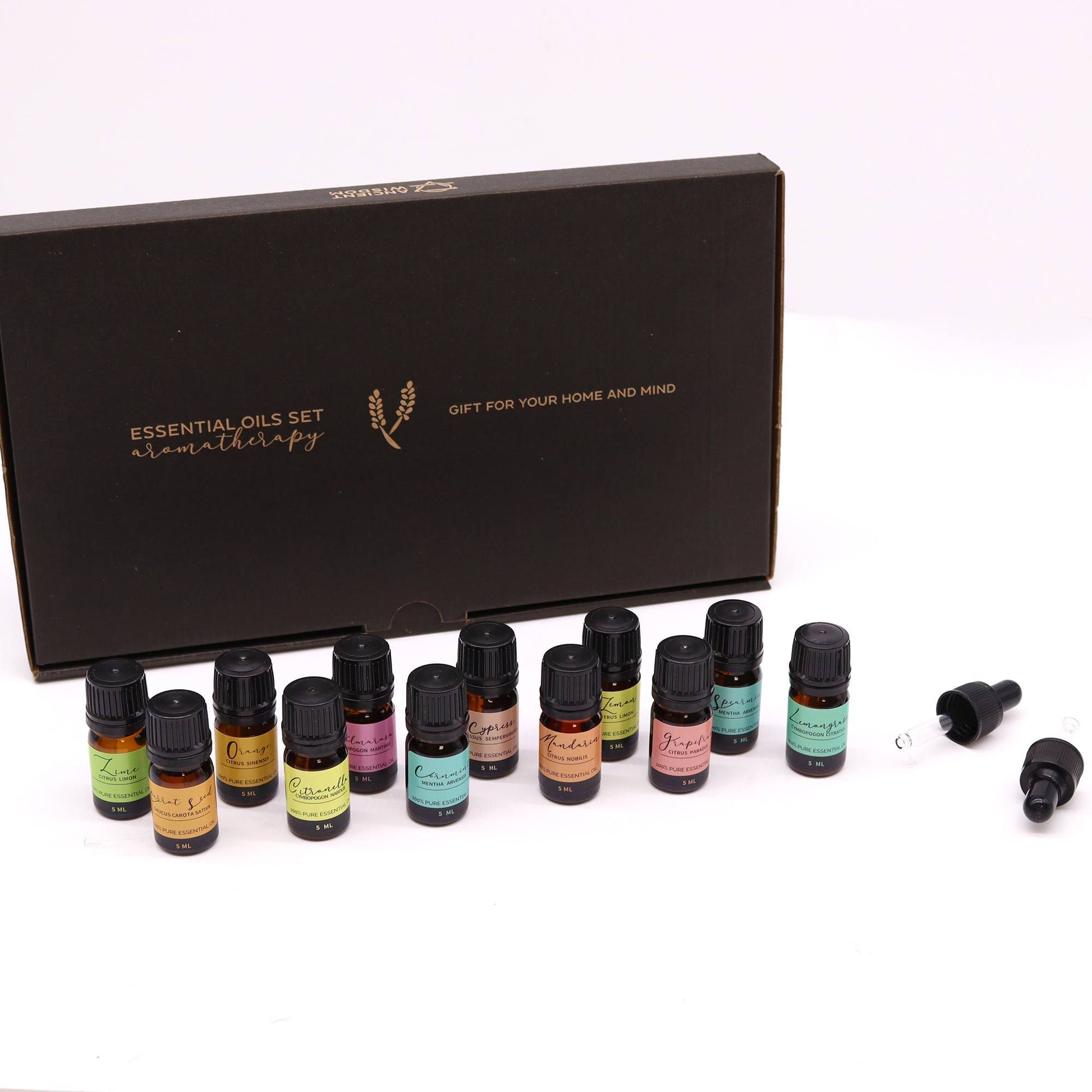 Aromatherapie ätherische Öle Sommer-Set mit 12 Fläschchen und 2 Pipetten.
