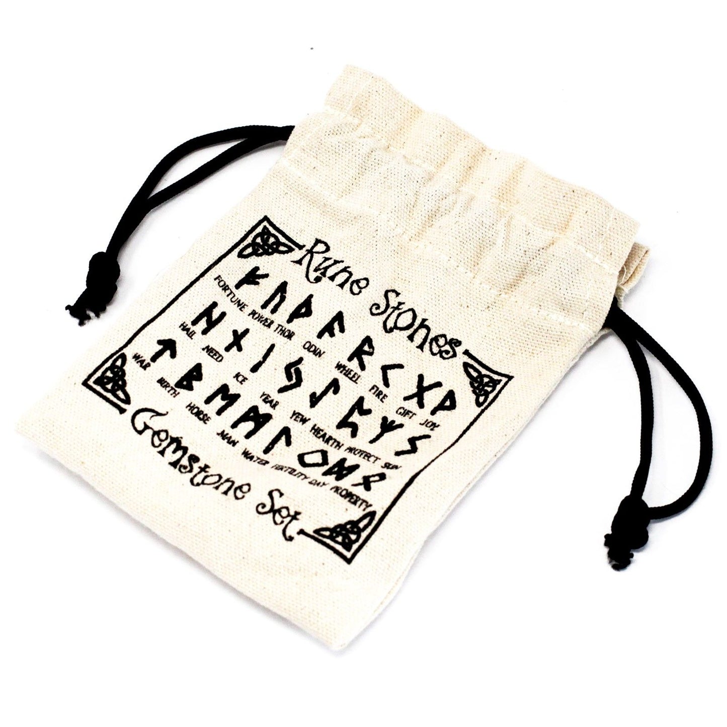 A canvas pouch with rune symbols and their meanings printed on it.