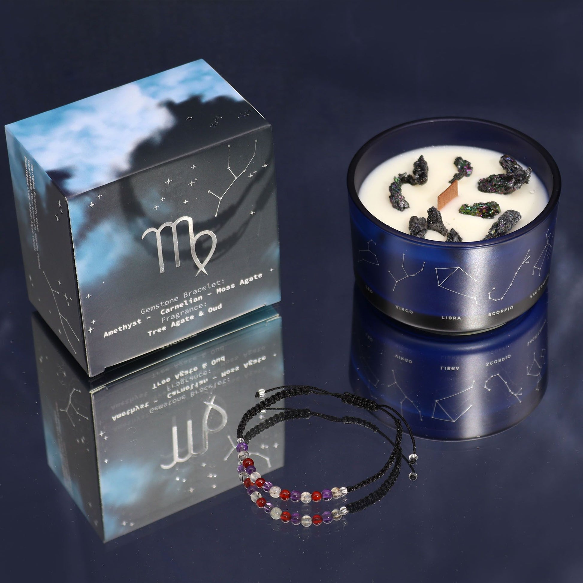 Sternzeichen-Kristallkerze Jungfrau mit Edelsteinarmband und passender Box.