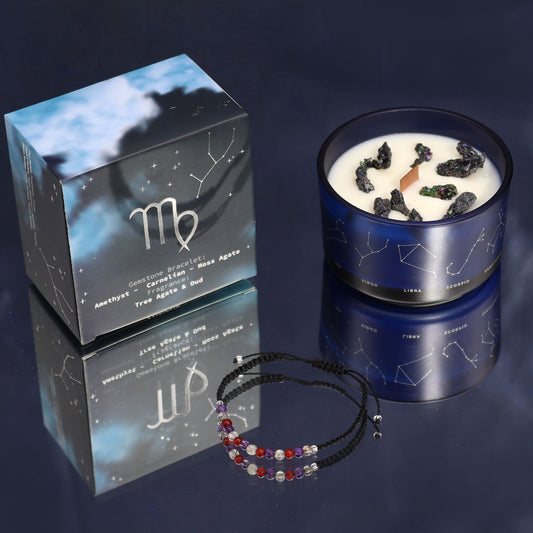 Sternzeichen-Kristallkerze Jungfrau mit Edelsteinarmband und passender Box.