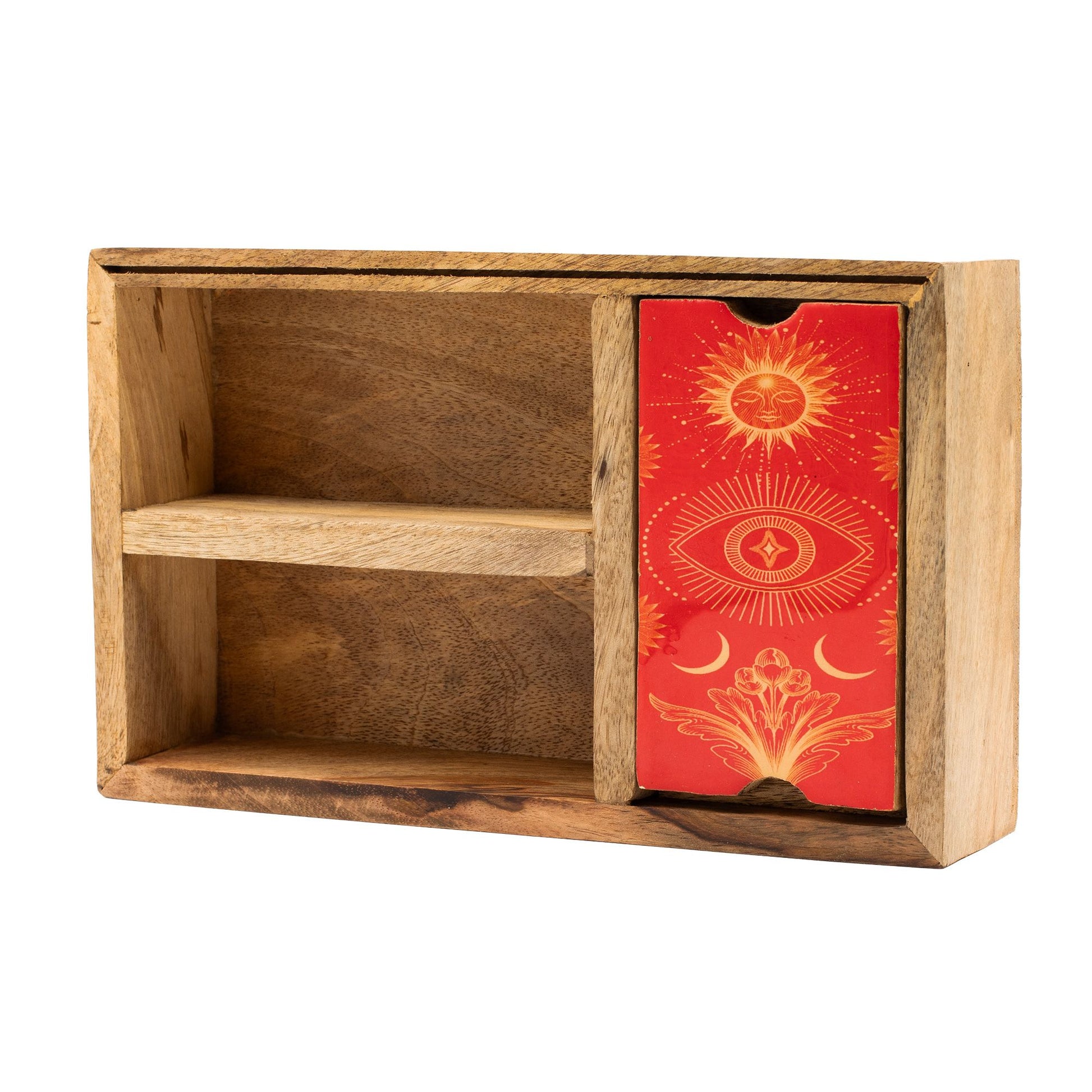 Holzbox mit einem Fach und einer Schublade mit Tarot-Motiv