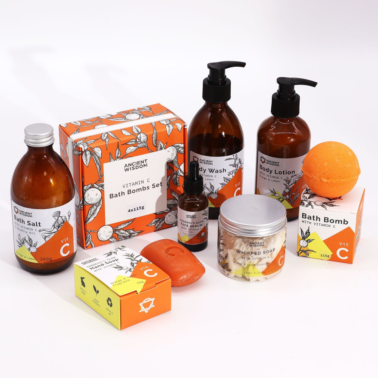 Eine Auswahl an Körperpflegeprodukten mit Vitamin C, darunter Lotion, Badesalz und Seife.