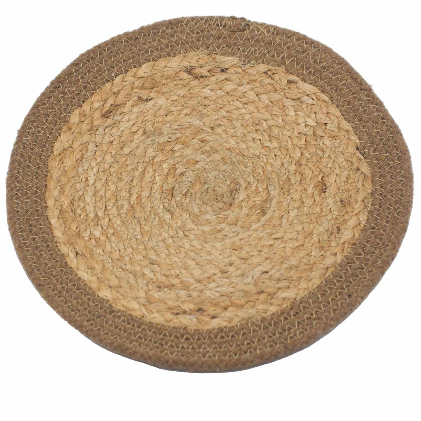 Round natural jute and cotton place mat with a brown border.
