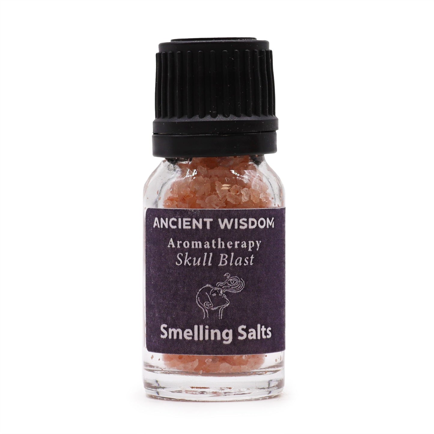 A small glass bottle of pink smelling salts with a black cap and a dark purple label.