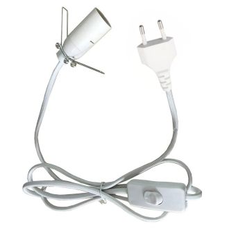 White cord with European plug, inline switch, and a white lamp holder with a clip.