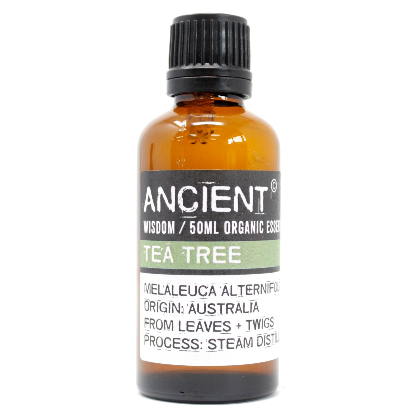 Amber glass bottle of Ancient Wisdom organic tea tree essential oil.