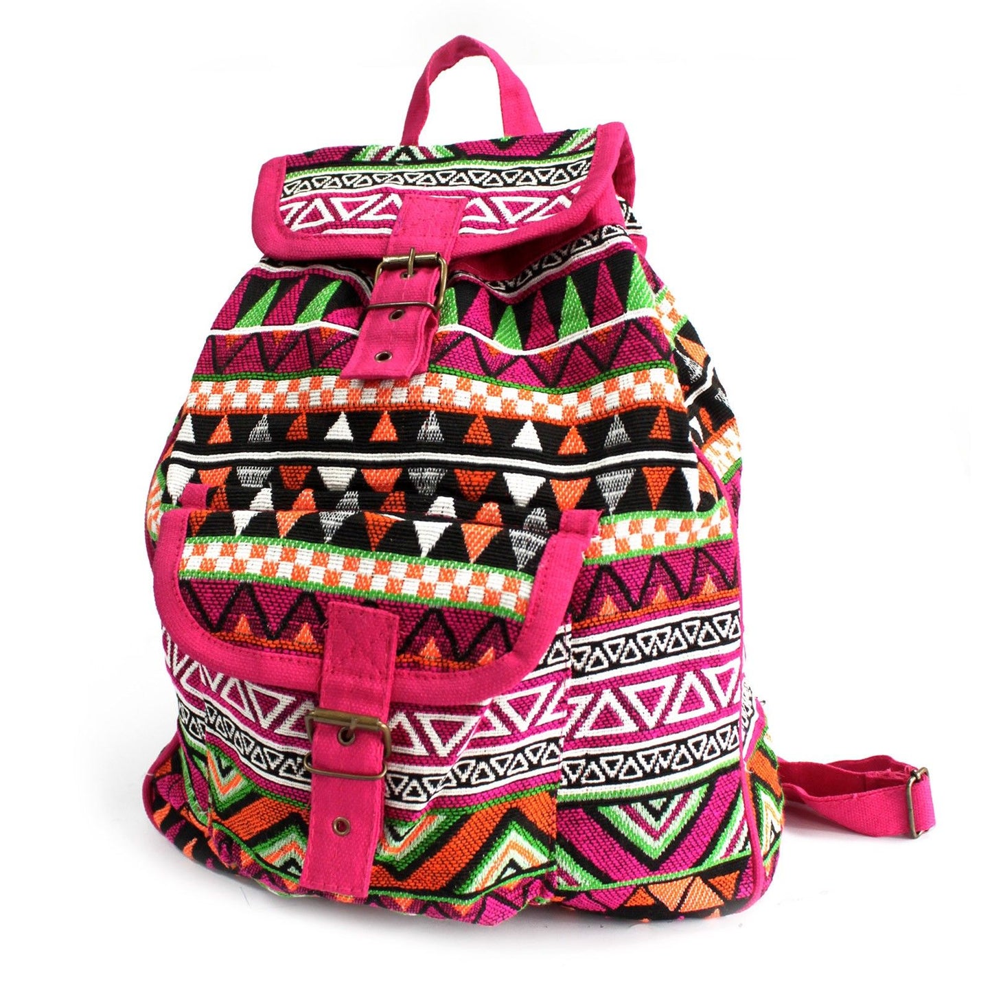 Pink jacquard backpack with geometric patterns and buckle closures.