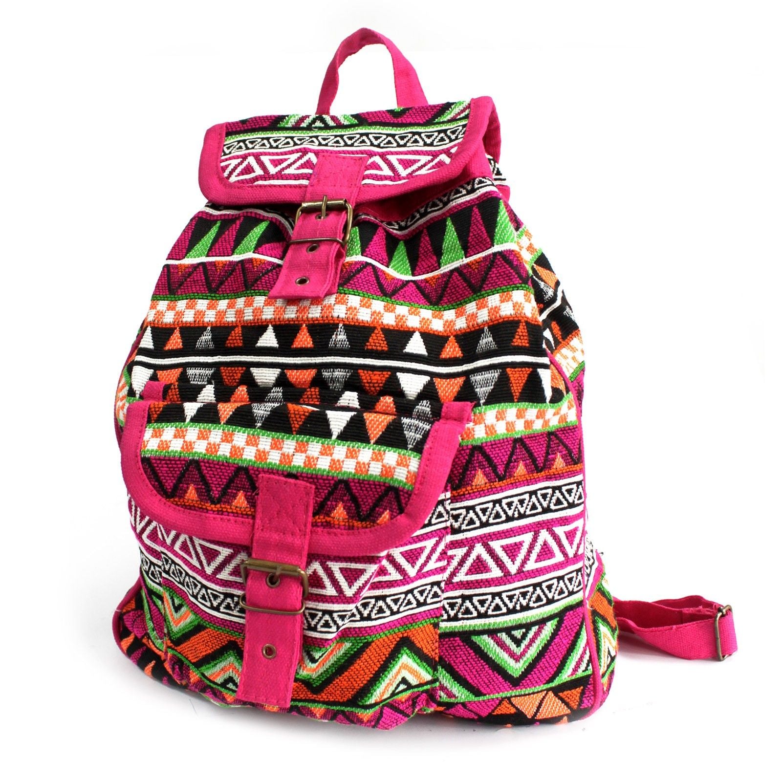Pink jacquard backpack with geometric patterns and buckle closures.