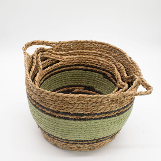 Set of 3 natural cotton and seagrass baskets with black and green bands.