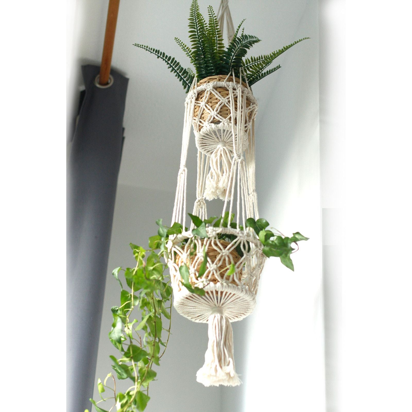 Doppelter Makramee-Blumentopfhalter mit zwei Pflanzen.