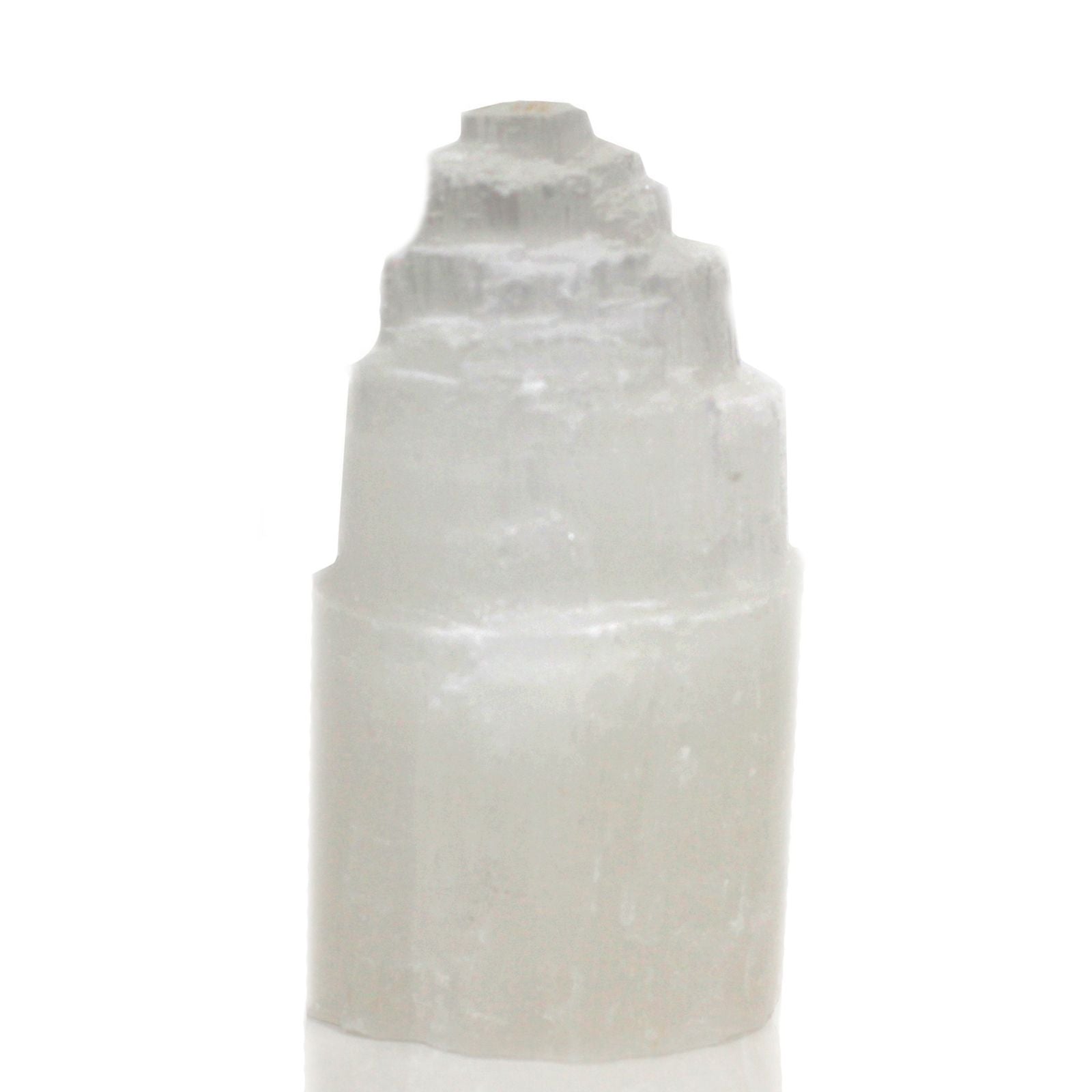 A natural selenite tower lamp with a stepped top.