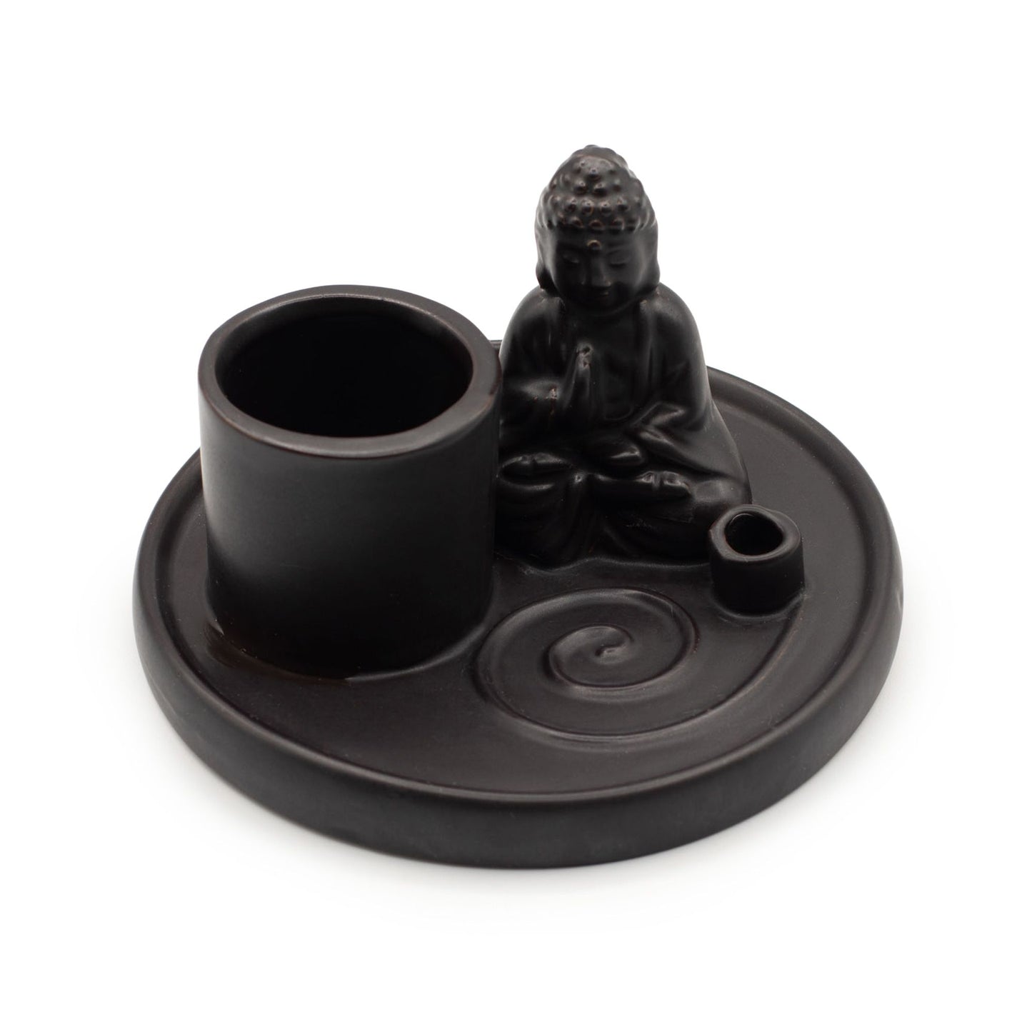 Schwarzer Keramik Räucherhalter mit Buddha-Figur und Halterungen für verschiedene Räucherwerke.