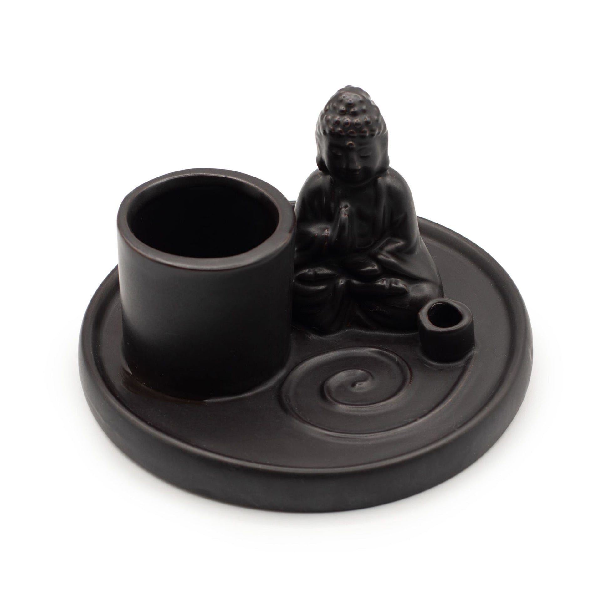 Schwarzer Keramik Räucherhalter mit Buddha-Figur und Halterungen für verschiedene Räucherwerke.
