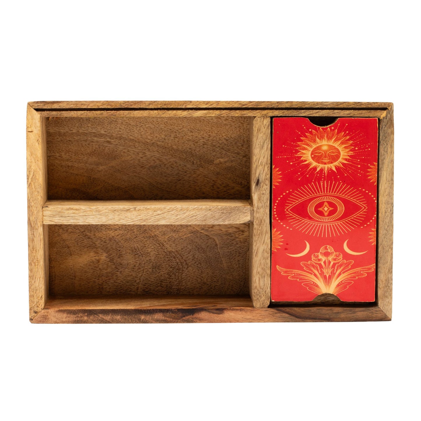 Holzbox mit drei Fächern und einem Kartenhalter mit Tarot-Motiv.