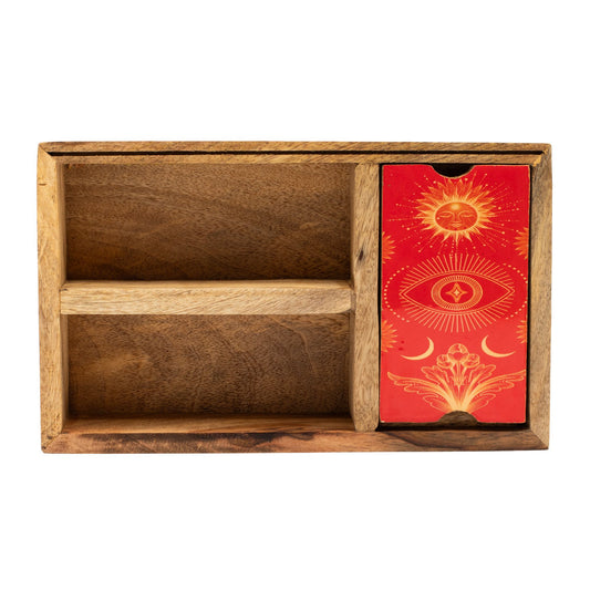 Holzbox mit drei Fächern und einem Kartenhalter mit Tarot-Motiv.