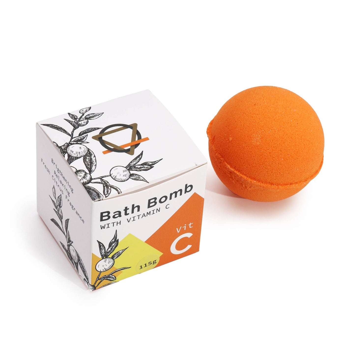 Eine orange Badebombe mit Vitamin C und einer Verpackung mit Zitrusmotiven.