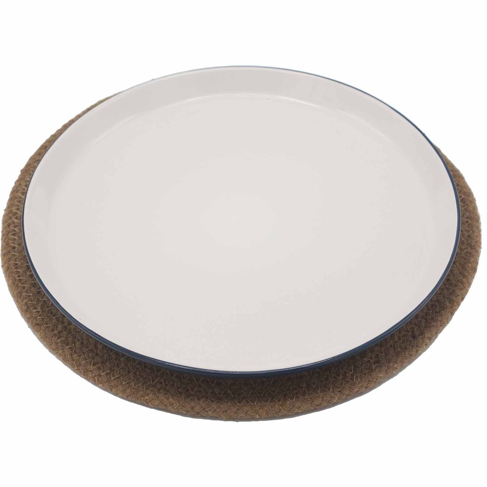 Round natural jute and cotton placemat with a woven border.