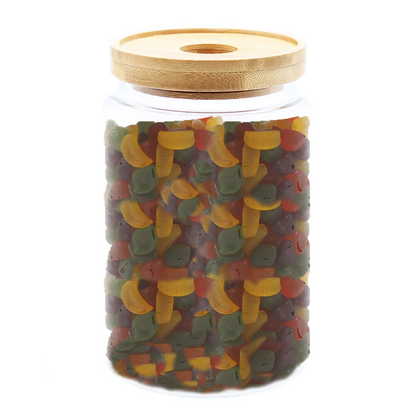 Vorratsglas aus Glas mit Bambusdeckel gefüllt mit Fruchtgummi.