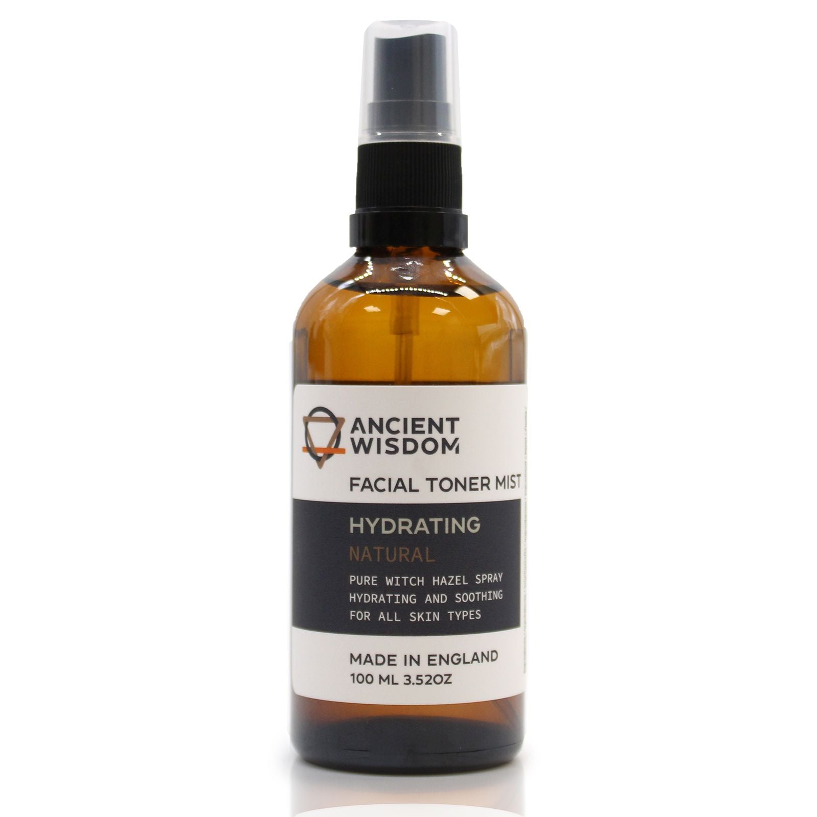 Amber glass bottle of Ancient Wisdom facial toner mist with a spray nozzle.