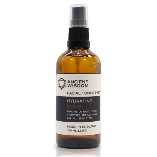 Amber glass bottle of Ancient Wisdom facial toner mist with a spray nozzle.