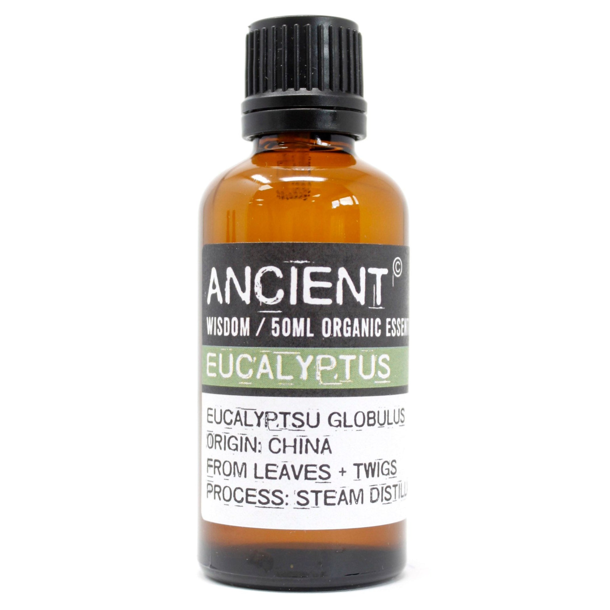 Amber glass bottle of Ancient Wisdom Eucalyptus essential oil.