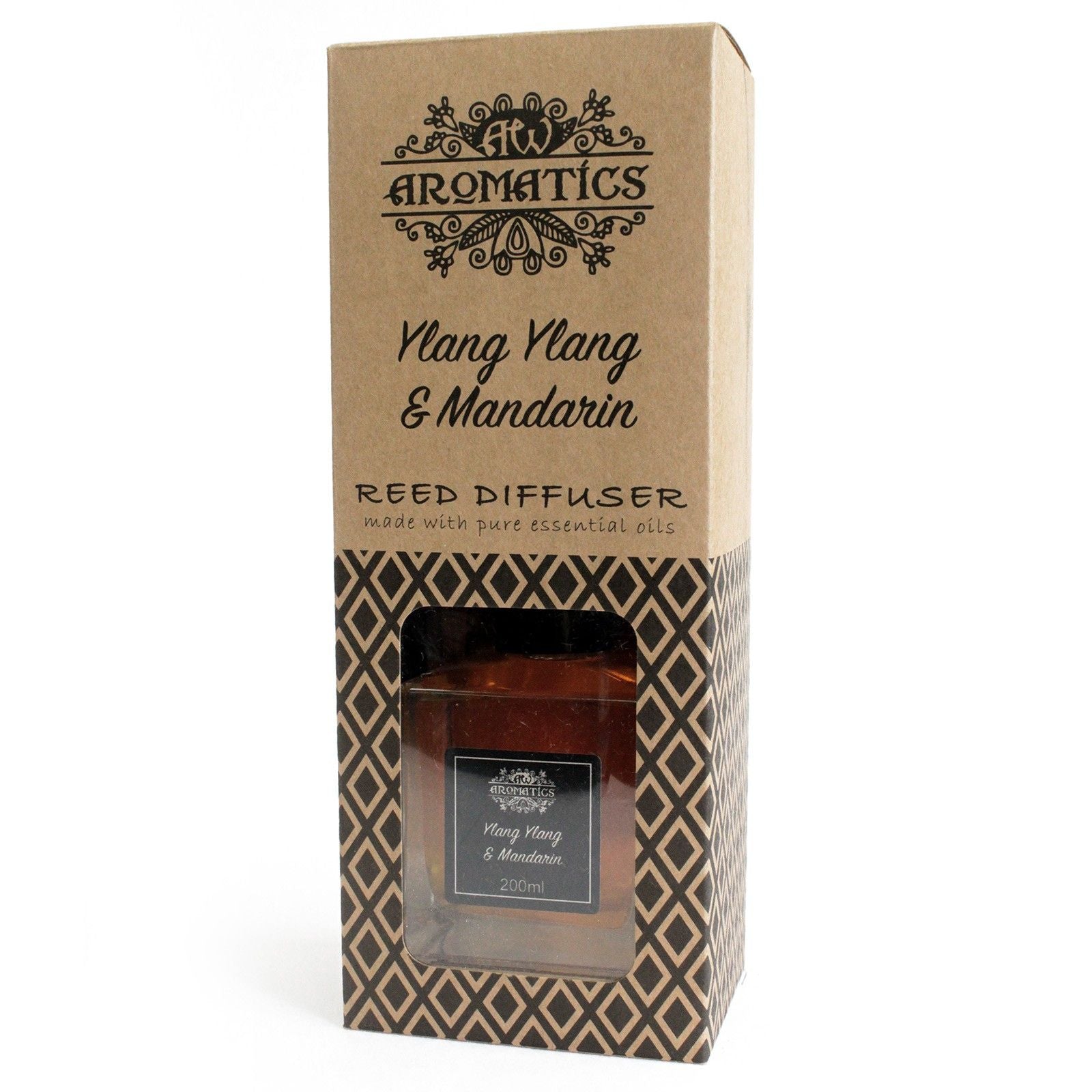 200ml Raumduft Ylang Ylang & Mandarine in brauner Glasflasche mit Pappverpackung.