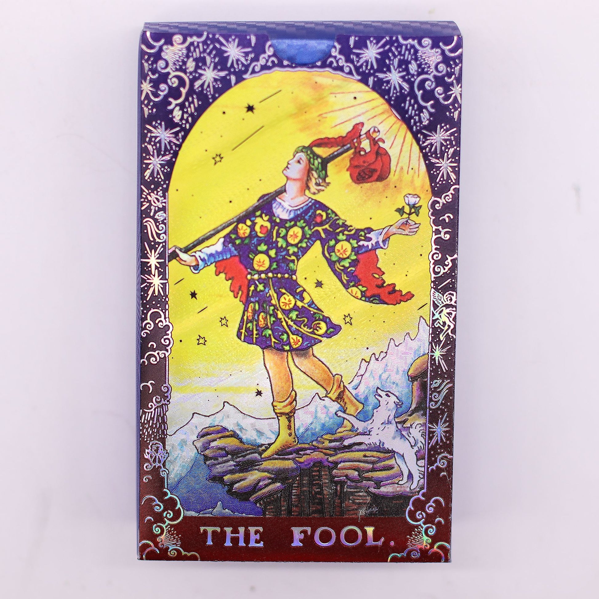 Tarot-Kartenset mit dem Motiv "Der Narr" und blauer Folierung.