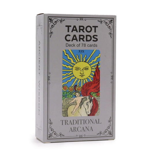 Tarot cards box with a depiction of The Sun card and text "Tarot Cards Traditional Arcana".
