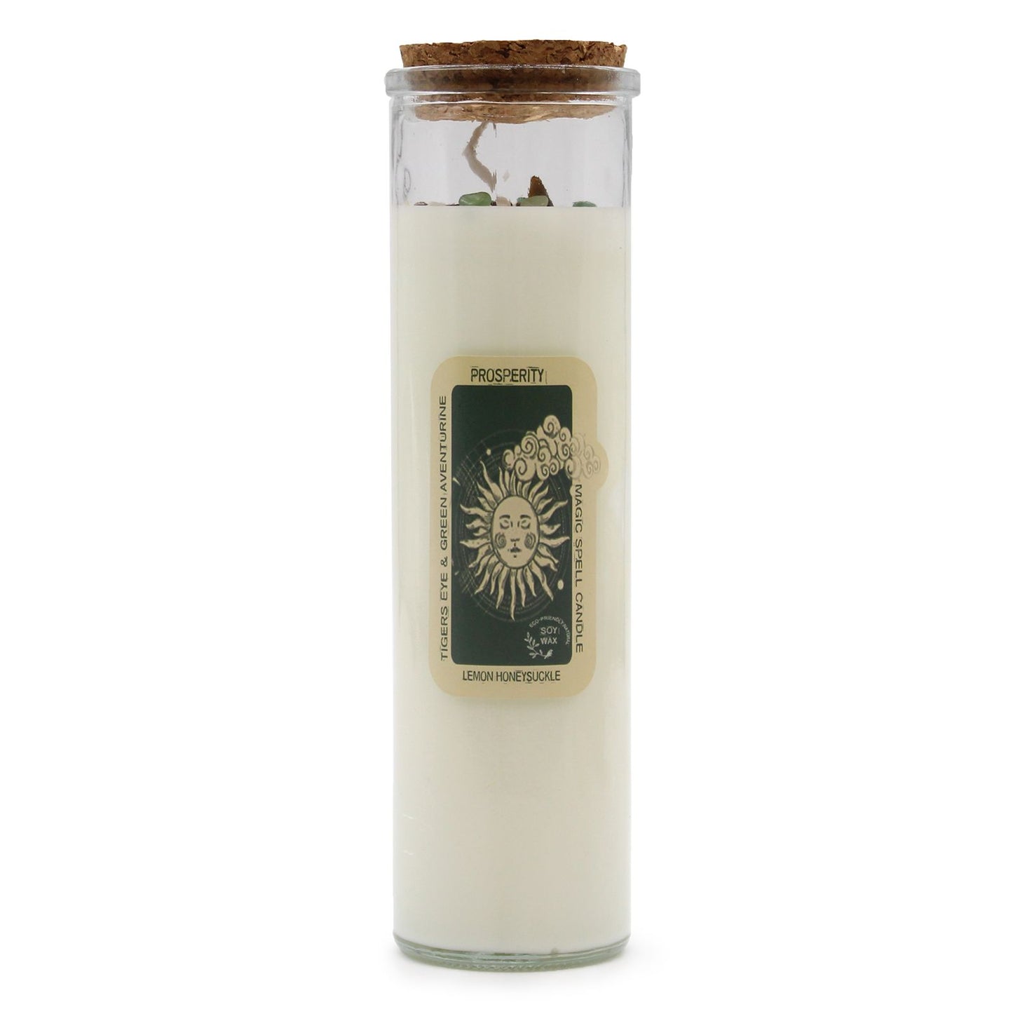 Ritualkerze mit Edelsteinen und Duft nach Zitrone und Geißblatt.