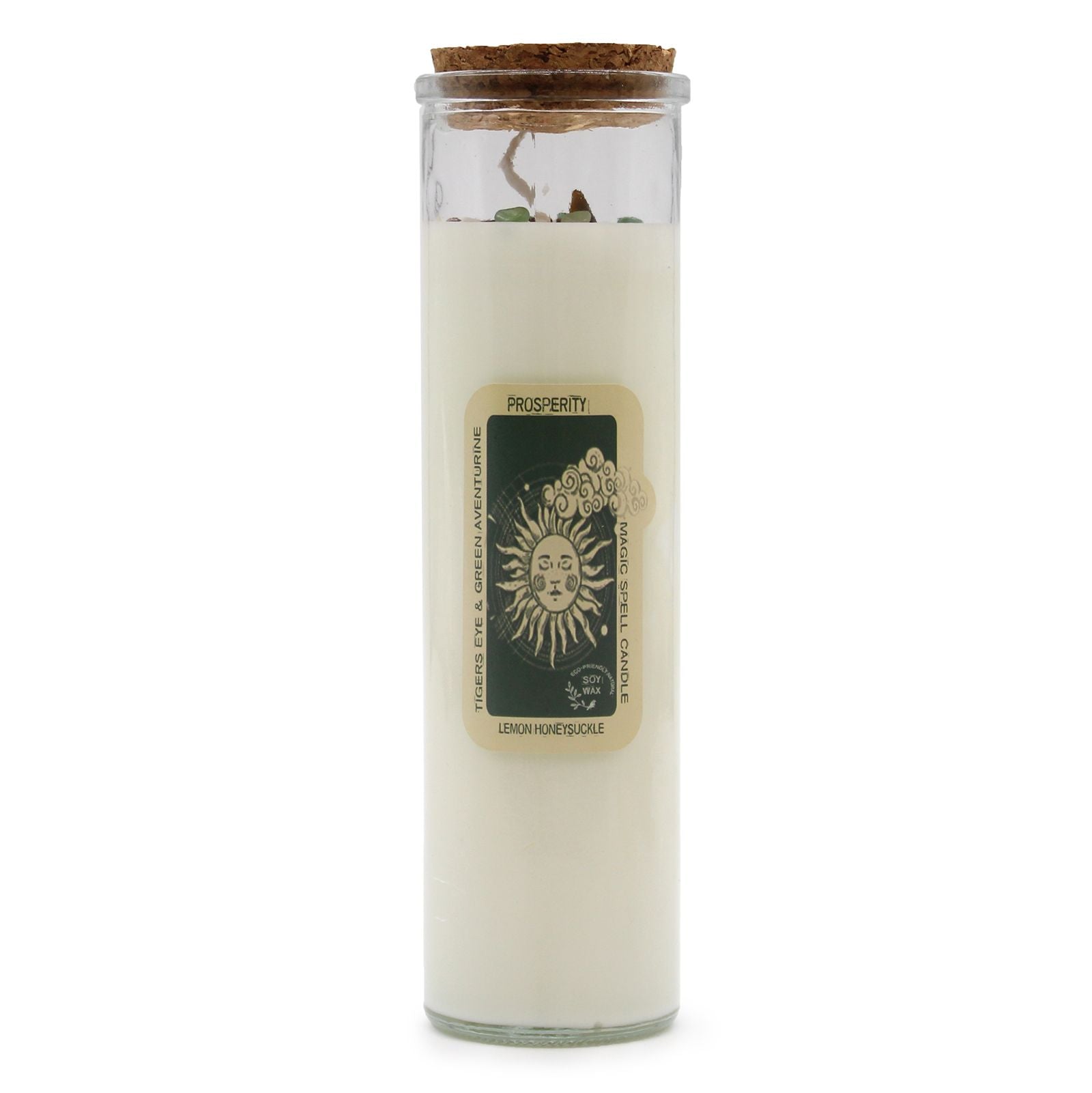 Ritualkerze mit Edelsteinen und Duft nach Zitrone und Geißblatt.