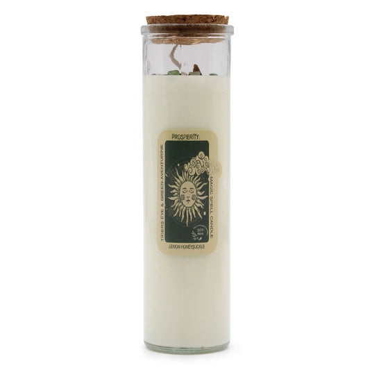 Ritualkerze mit Edelsteinen und Duft nach Zitrone und Geißblatt.