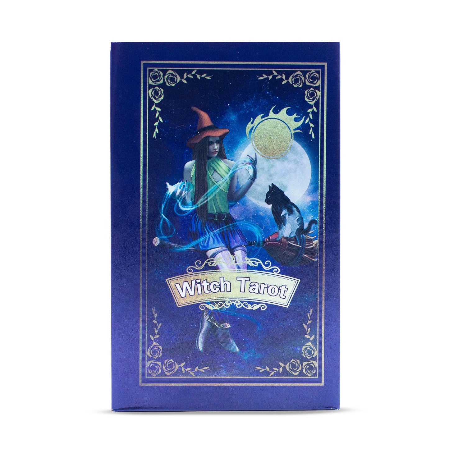 Purple foil Witch Tarot card set with a witch, cat, and moon on the box.
