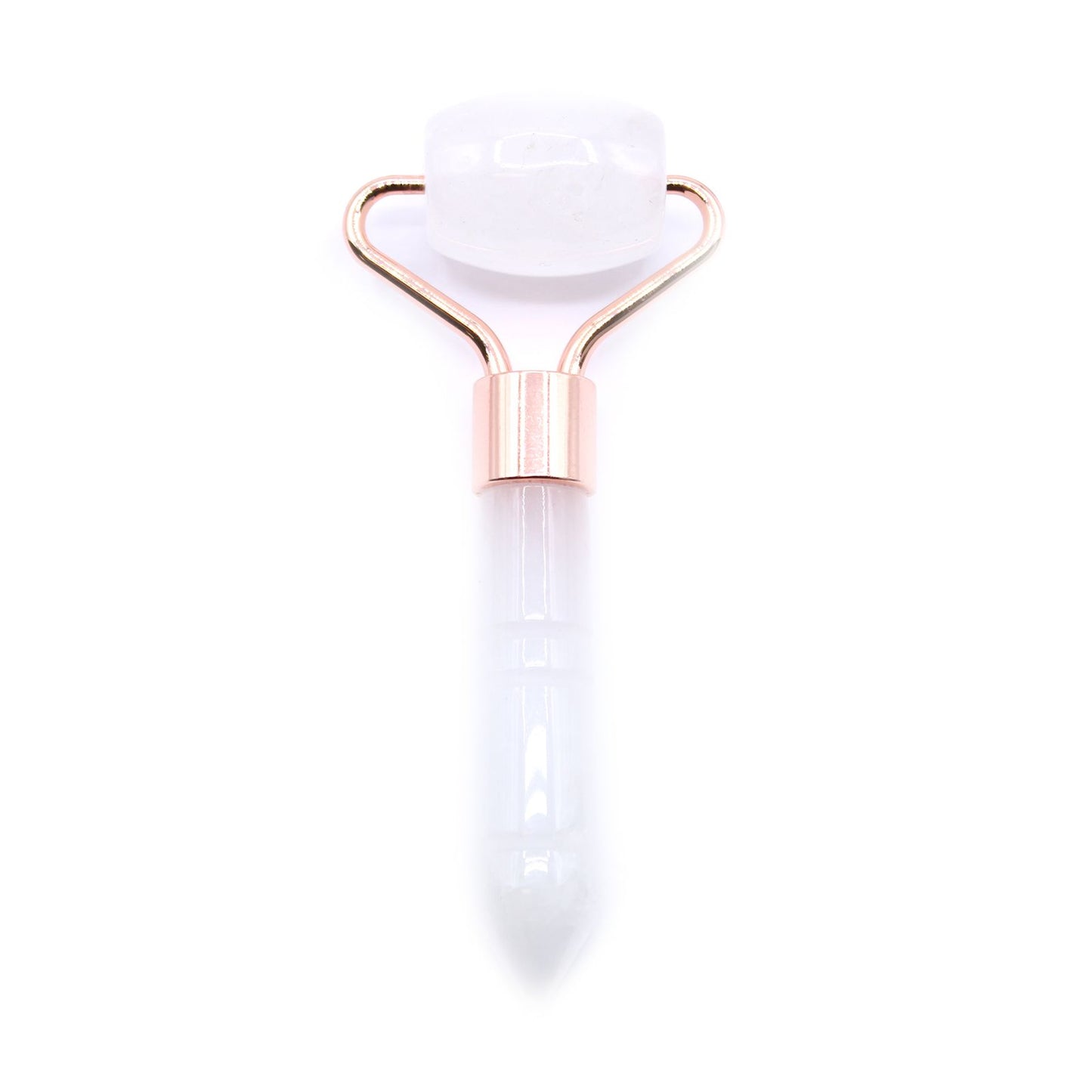 Mini Gesichtsroller aus Bergkristall mit roségoldfarbenem Metallrahmen.