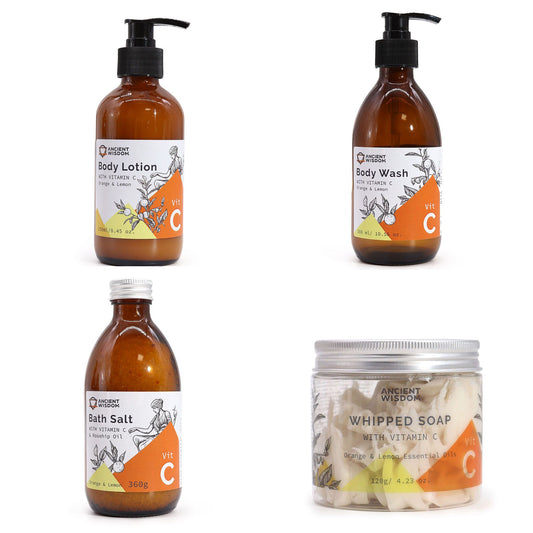 Four Ancient Wisdom bath and body products with Vitamin C.
