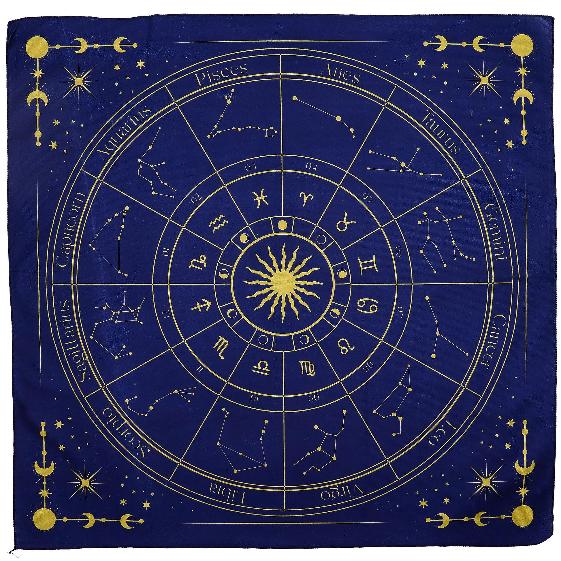 Zodiac tarot reading cloth with a detailed astrological wheel design.