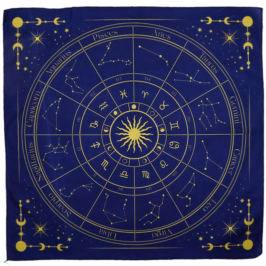 Zodiac tarot reading cloth with a detailed astrological wheel design.