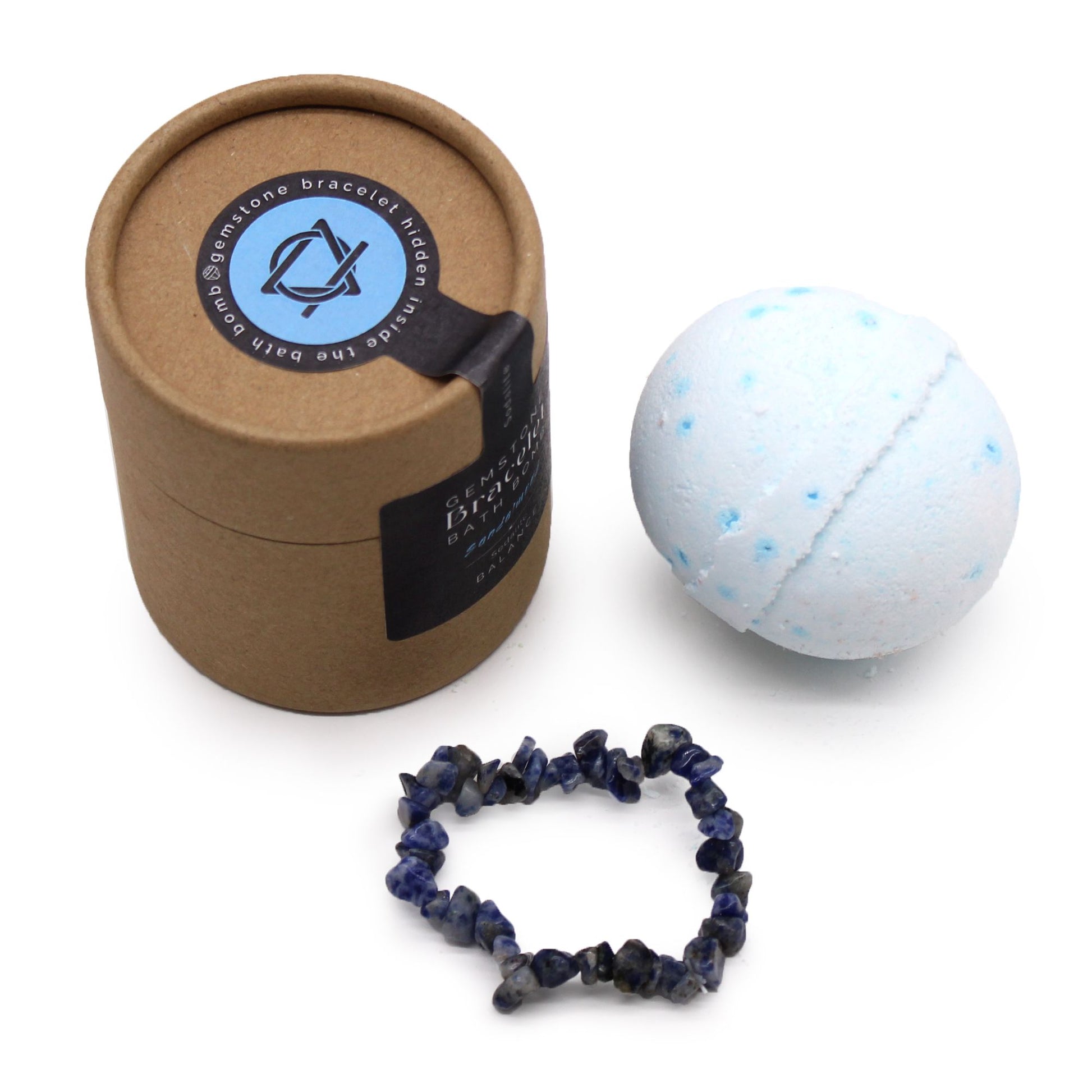 Badebombe mit Sodalith-Edelsteinarmband und Sandelholzduft.
