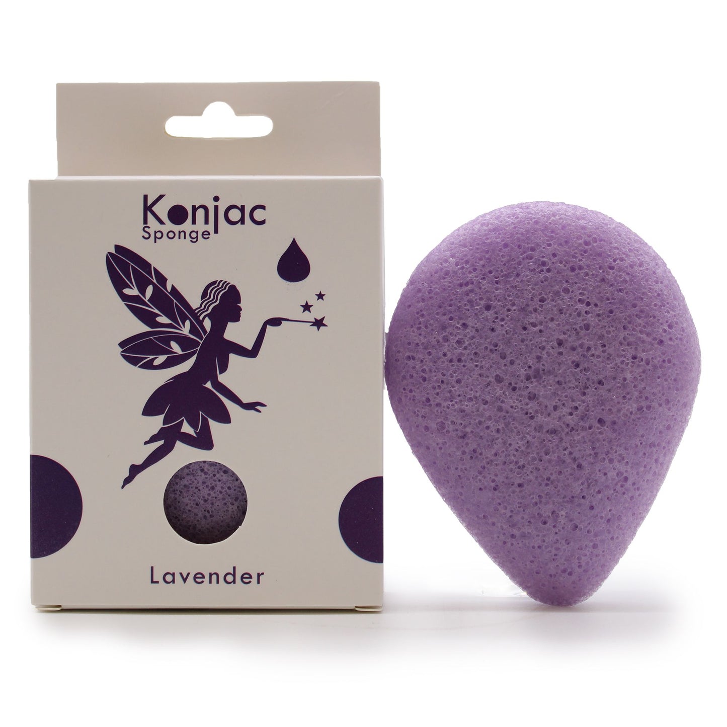 A lavender teardrop konjac sponge sits next to its packaging.