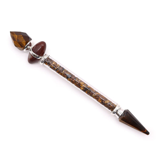 A faceted tiger eye wand with a glass tube filled with tiger eye chips.