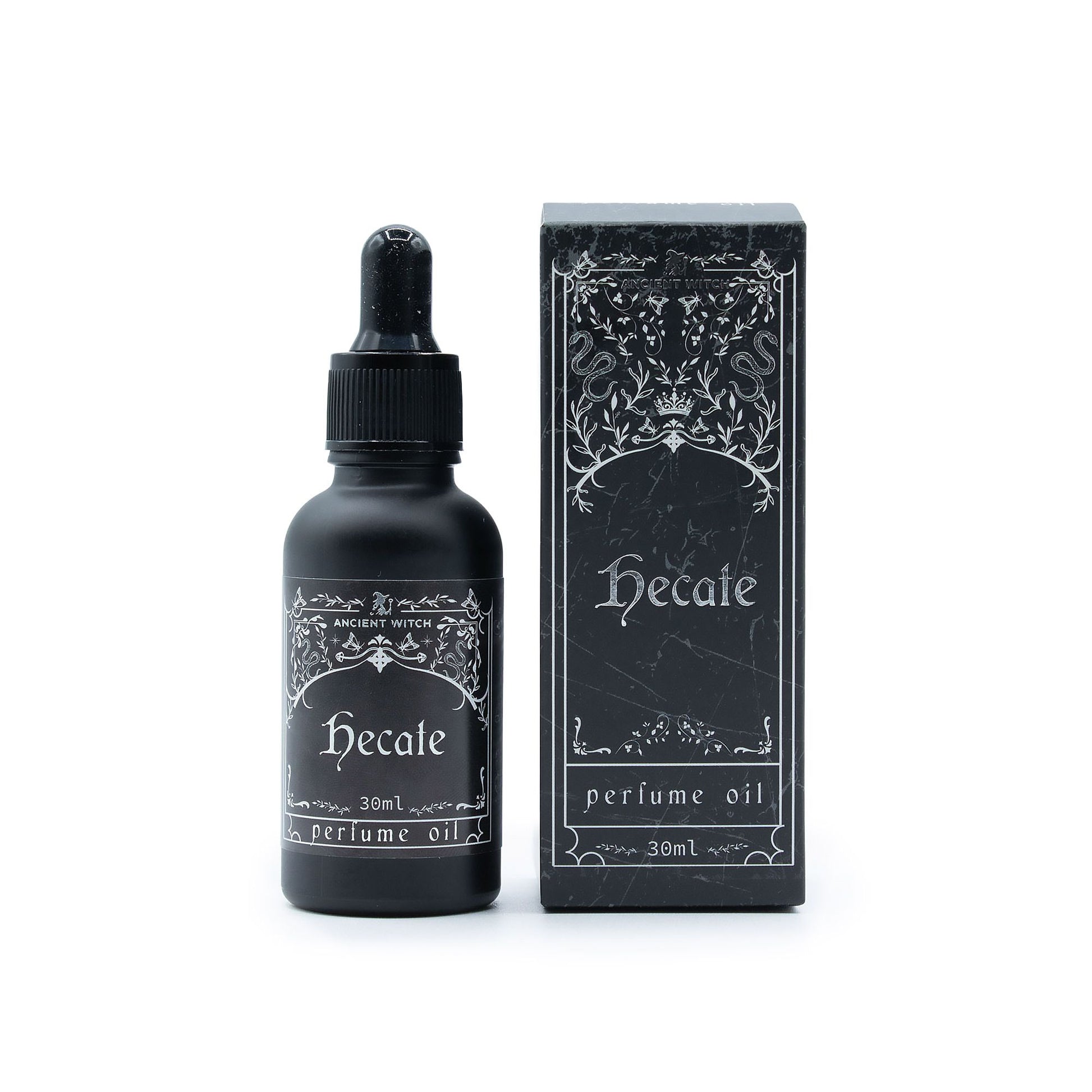 A black bottle of Hecate perfume oil with a dropper and its matching box.