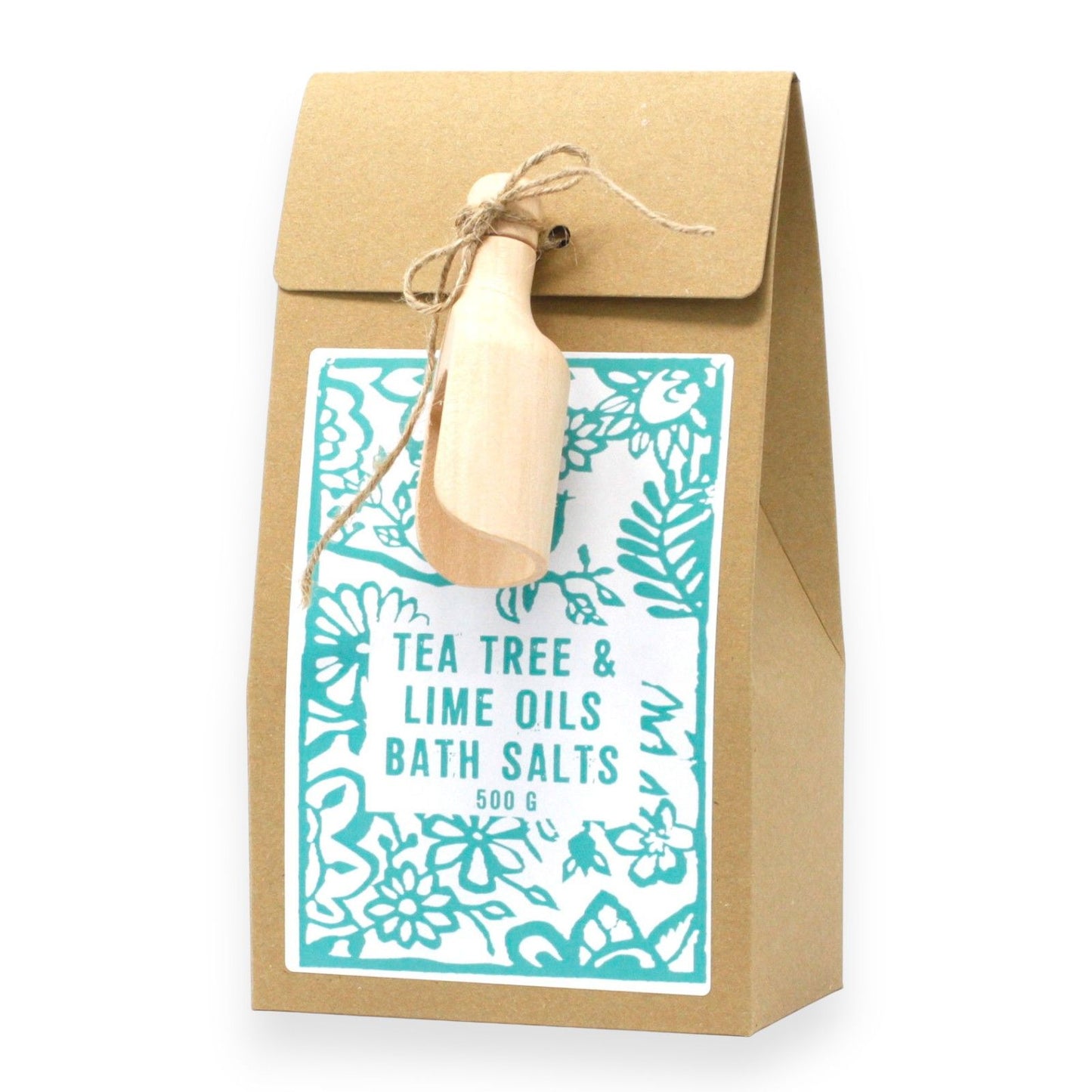 Braune Papiertüte mit Badesalz, Teebaum und Limette, inklusive Holzlöffel.