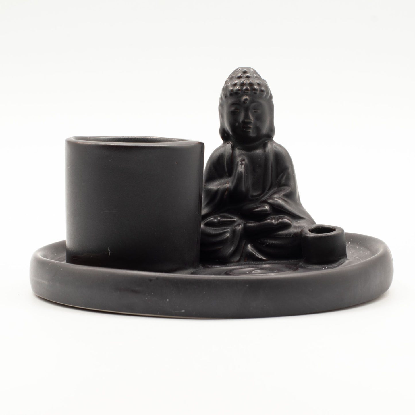 Schwarzer Keramik Räucherhalter mit Buddha Figur für verschiedene Räucherformen.