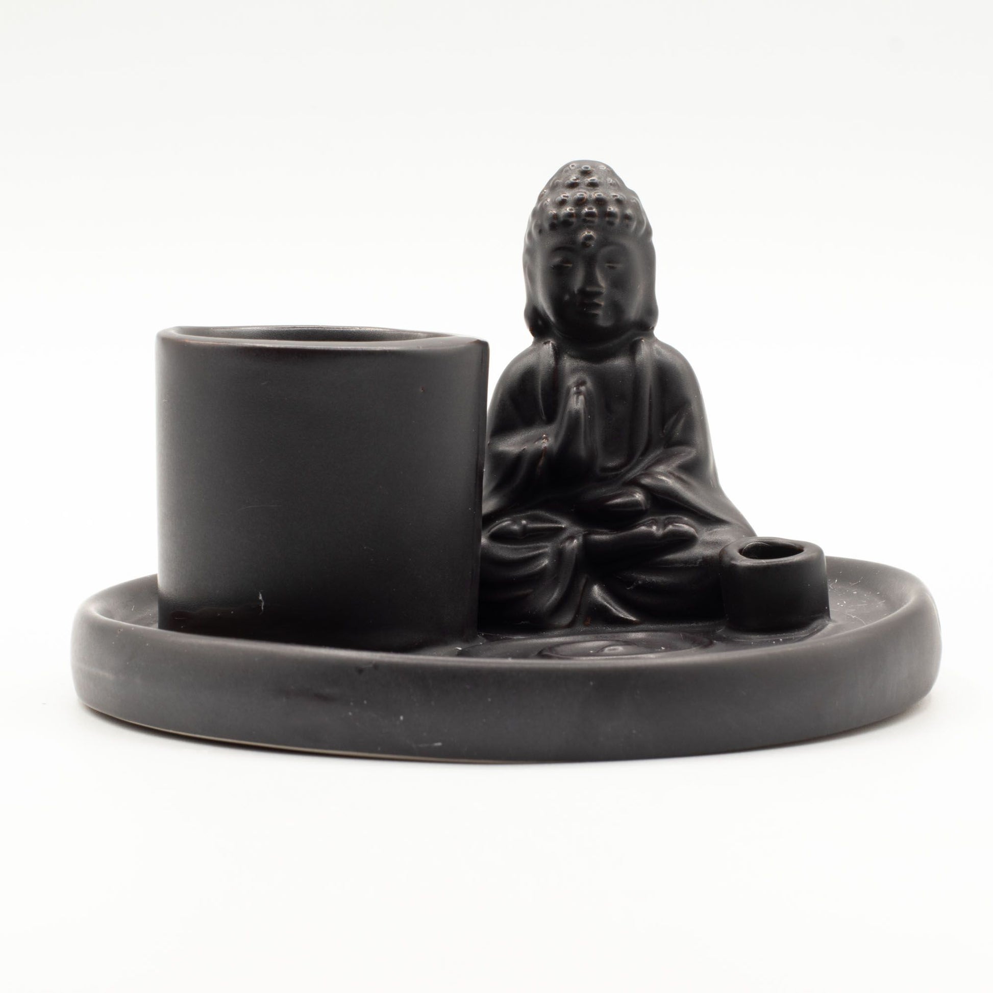 Schwarzer Keramik Räucherhalter mit Buddha Figur für verschiedene Räucherformen.