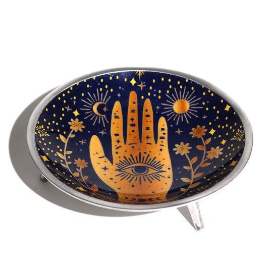 Dreibeinige Opferplatte mit Hamsa-Motiv in Mitternachtsblau.