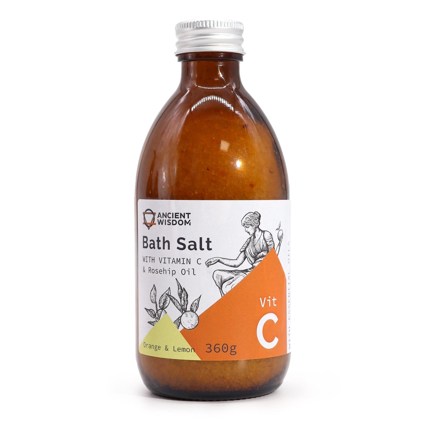 Braune Glasflasche mit Vitamin C Badesalz, Orange & Zitrone, 360g.