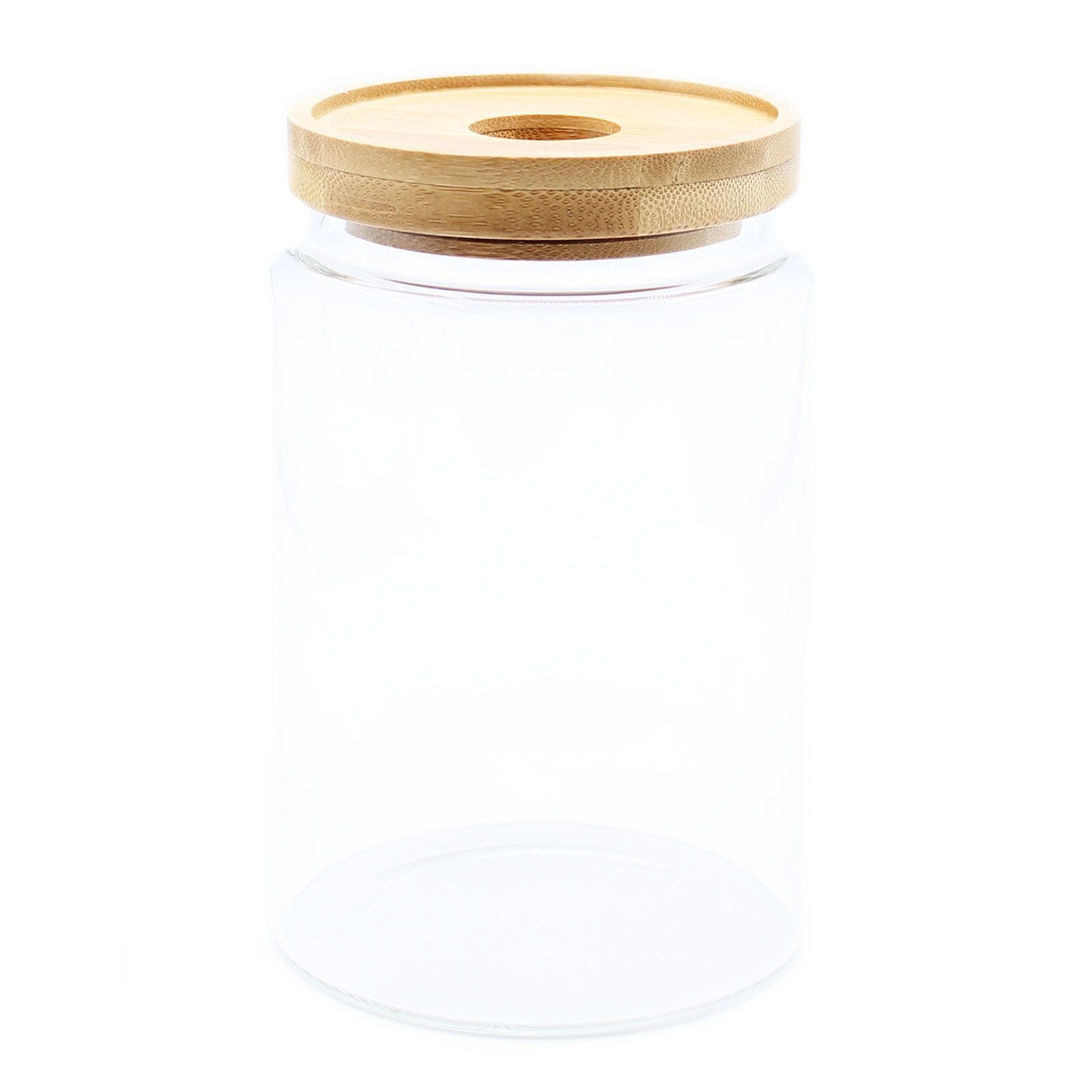 Vorratsglas aus Glas mit Bambusdeckel, 15 cm hoch.